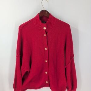 Vintage Y2K Pretty Garden Mock-Neck Drop Shoulder Cardigan Sweater Red Size S